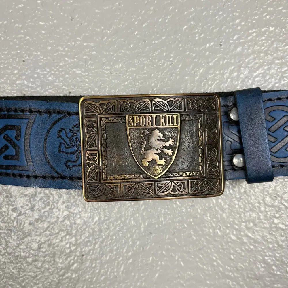 Size XXL Sport Kilt Belt Blue Gold Buckle Lion Black Filigree Detail Velcro